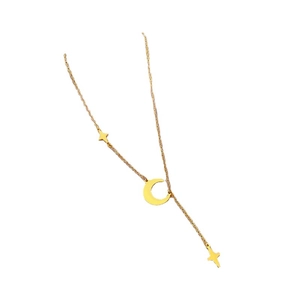 Titanium steel Y-shaped necklace with crescent moon and star charms in gold finish