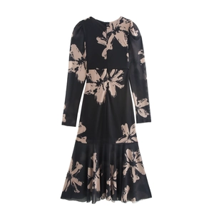 Robe longue sexy en mesh à col en V, manches longues et imprimé floral beige sur fond noir
