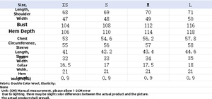 Detailed size guide for the navy style coat with measurements in CM for XS to L sizes