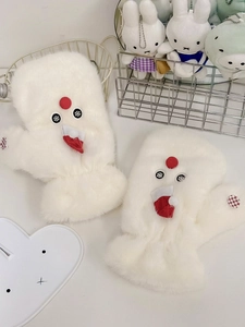 Detailed view of white faux fur snowman mittens with red nose and soft snowflake eyes