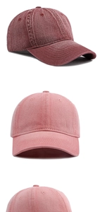 Detailed stitching on burgundy and pink washed cotton baseball caps with a soft crown design