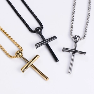 Crossed baseball bat necklace pendants in gold, silver, and black finishes with box chain