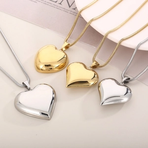 Large Hollow Heart Pendant Necklace Stainless Steel Snake Bone Chain Minimalist Bold Fashion Jewelry For Women