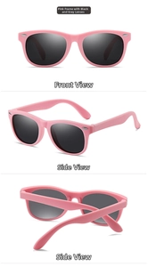 Pink matte TR silicone children's sunglasses shown from front, side and folded views