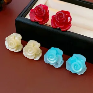 Rose Flower Stud Earrings With Silver Earring Post 3D Carved Resin Floral Sweet Elegant Chic Jewelry For Women