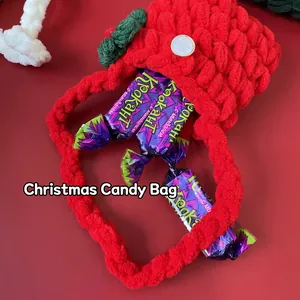 Handmade chenille knit Christmas mini tote bag with green leaf detail and candy storage