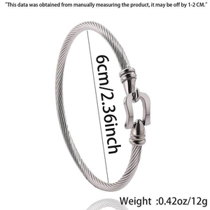 Detail view of steel cable bracelet showing 6cm diameter and 12g weight specifications