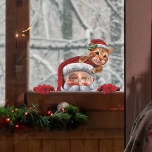 Peeking Santa Claus and orange cat Christmas window sticker for home glass decoration