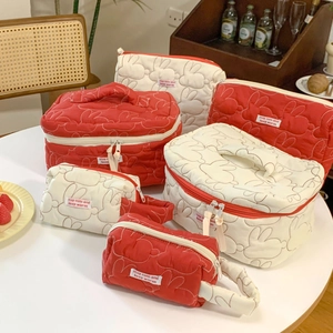 Quilted cotton rabbit cosmetic bag set in red and cream with cute animal patterns