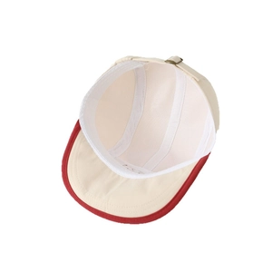 Inside view of baby bear baseball cap showing red brim and breathable mesh lining