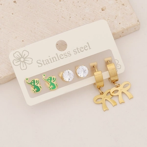 Three-pair stainless steel earring set with green elephant, zircon, and butterfly charms