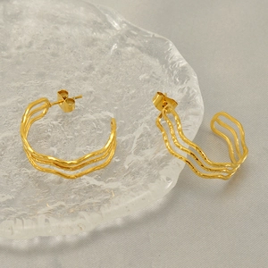 Chic 18k gold plated stainless steel triple layered wave hoop earrings for women
