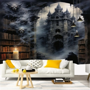 Macro shot of Gothic Halloween tapestry featuring ghost castle and mystical library scene