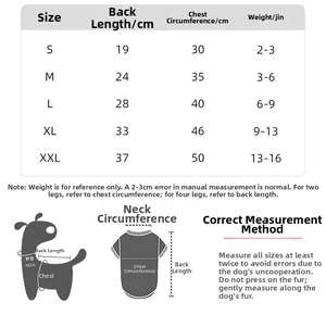 Size chart for pet hoodie showing back length and chest measurements for small to medium dogs