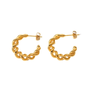 Modern 18K gold plated stainless steel C-shaped twisted rope hoop earrings for women