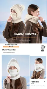 Winter knitted hood with built-in face mask and plush lining for cold protection