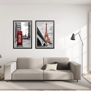 Modern rectangular wood frames with London and Paris city landmarks for wall decor