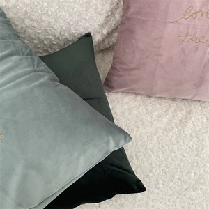 Detail of embroidered velvet pillow covers in soft pastel colors on a plush rug