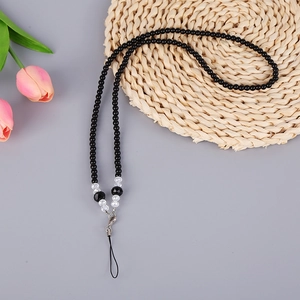 Handmade black beaded lanyard with crystal accents and silver metal clasp for phones