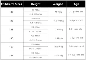 Detailed children swimsuit size chart for girls aged 2 to 12 years with height and weight