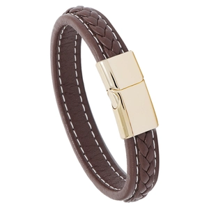 Brown braided leather bracelet with white stitching and gold magnetic metal clasp