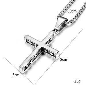 Silver vintage cross necklace with hollow patterns, 60cm chain and 5cm pendant size