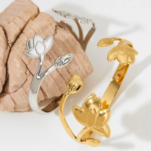Elegant lotus flower open adjustable cuff bracelet in gold and silver finish for women