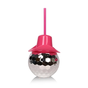 Close-up of disco ball cup with pink cowboy hat lid and matching straw on white background