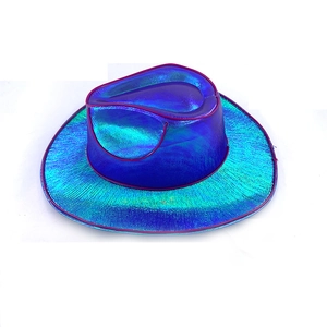Close-up of iridescent blue cowboy hat with colorful metallic gradient and purple trim