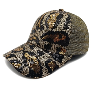 Close-up of leopard print sequin patterns and breathable mesh on this stylish baseball cap