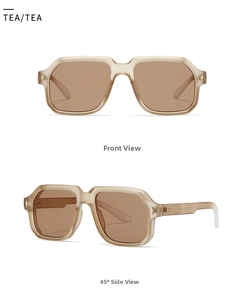 Detail of square oversized brown sunglasses with vintage golden rivet accents