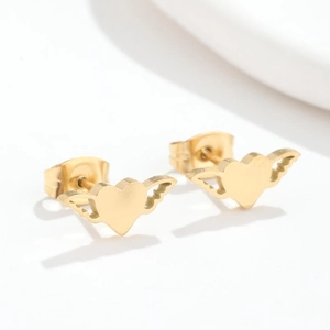 Minimalist golden heart with wings stud earrings in polished stainless steel for women