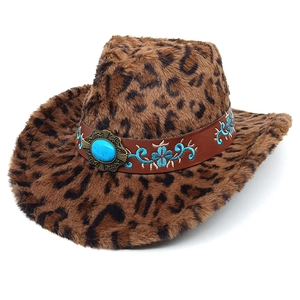 Close-up of leopard print cowboy hat with turquoise stone and floral embroidery detail