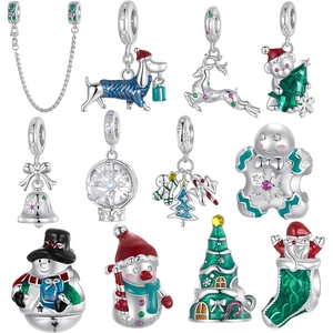 925 Sterling Silver Christmas Charms Gingerbread Man Tree Snowman Rhinestone Beads For DIY Bracelet Women Jewelry Making