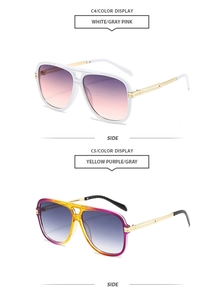 Detail view of colorful double bridge sunglasses in gradient white pink and yellow purple frames