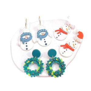 Handmade Christmas earrings featuring cute snowman and green wreath holiday designs