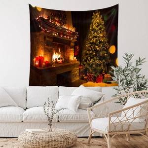 Cozy Christmas scene tapestry featuring fireplace and decorated tree in home setting