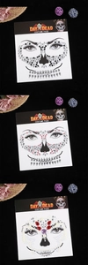 Detailed view of rhinestone face jewels in skull and pearl designs for Day of the Dead