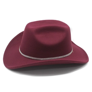 Detail of burgundy western fedora featuring a sparkling silver rhinestone hatband