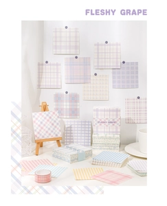 Detailed view of pastel plaid sticky notes and matching washi tape set in Macaron tones
