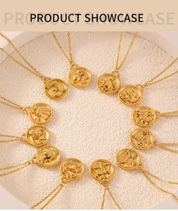 Detailed circular arrangement of twelve gold stainless steel zodiac coin pendant necklaces