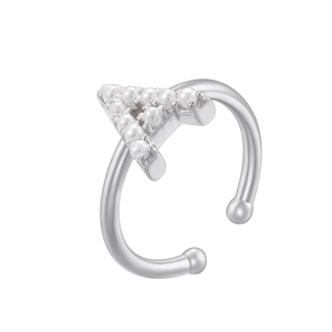 Macro shot of silver-colored open cuff ring featuring a pearl-set triangle detail