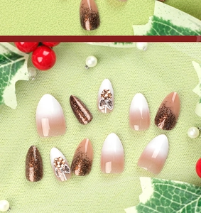 Christmas nail set with brown glitter and gradient finish featuring rhinestone flower accents