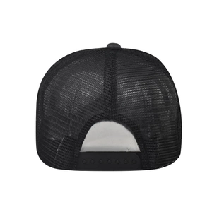 Rear view of black mesh baseball cap showing breathable texture and adjustable snapback strap
