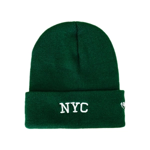Dark green knitted beanie with white NYC embroidery, stylish winter warm hat for men and women