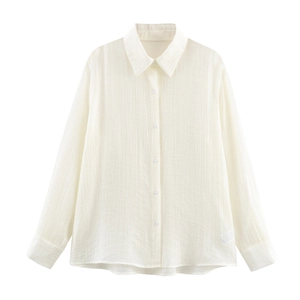 Women Long Sleeve Blouse Crinkle Textured Button Down Shirt Lapel Loose Casual Office Top