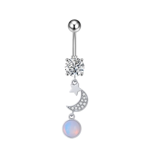 Detailed view of silver navel ring with moon star pendant and clear zircon stones