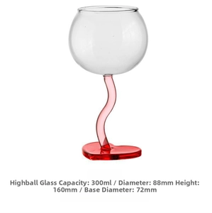 Detail of heart wine glass with pink stem, dimensions 300ml 88x160mm on white background
