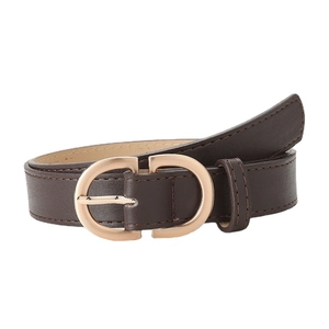 Women's dark brown leather belt with minimalist gold CD metal buckle for jeans