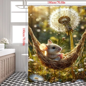Detailansicht Duschvorhang mit Tiermotiv und Maßen von 180cm x 180cm im Badezimmer